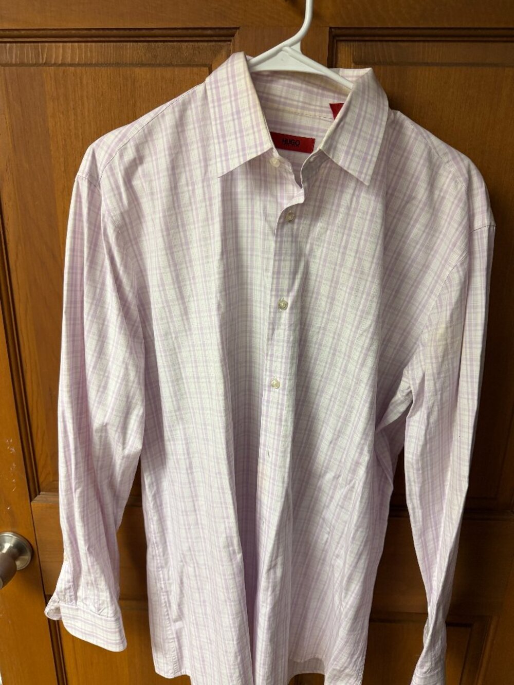 HUGO Men's Light Pink & White Checkered Shirt Size 16.5 In Good Shape